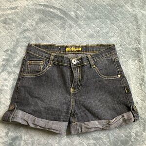 Old Skool Black Denim Shorts Gold Embroidery sz 7 Stretchy Cuff Hem